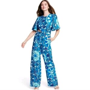 Rhode X Target Linen Floral Jumpsuit Women 1X Plus Blue White Flare Sleeves